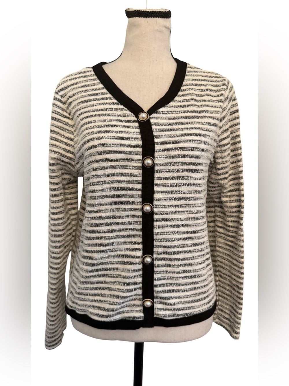 Harlow Black White Striped Knit Pullover Sweater Faux Pearl Buttons Medium